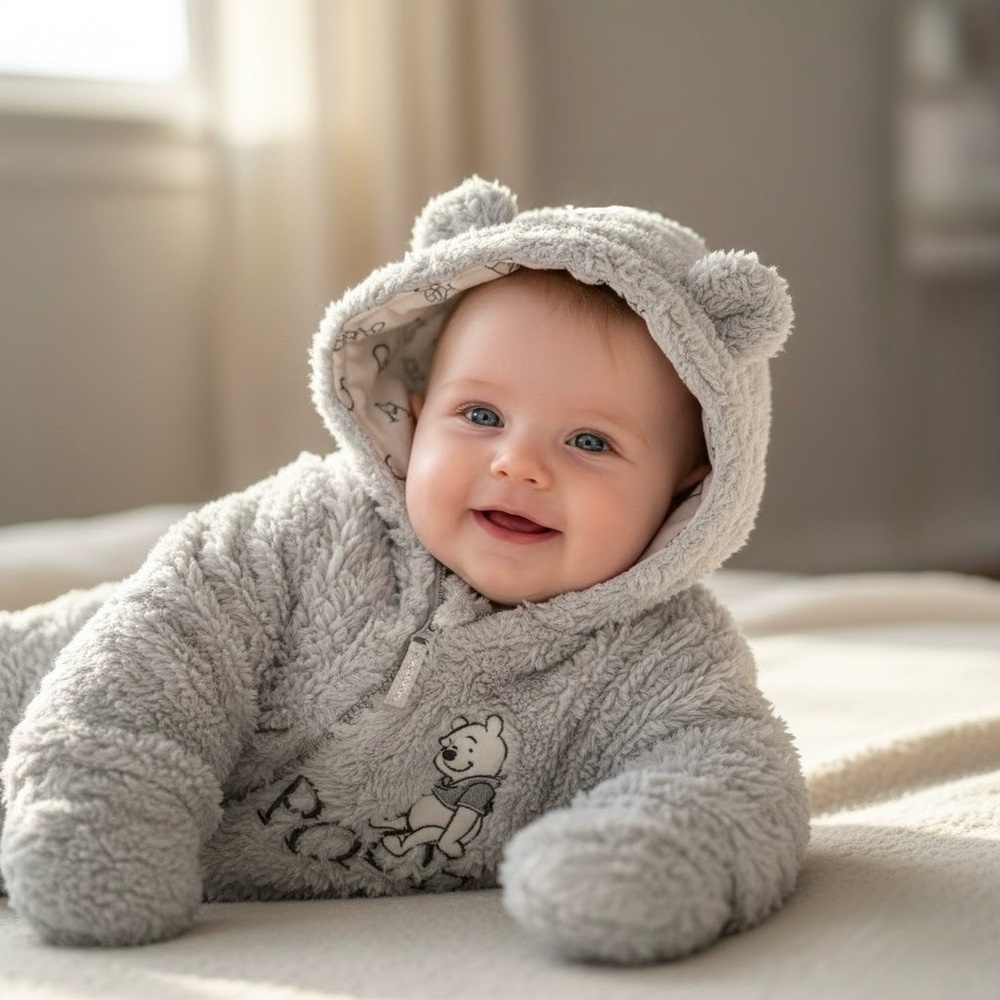 Disney Baby Winnie the Pooh Soft Fleece Faux Fur Grey Bunting Sherpa Romper